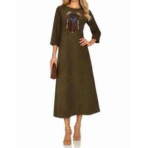 NEW JULIA ALLERT embroidered beetle faux suede midi dress in olive